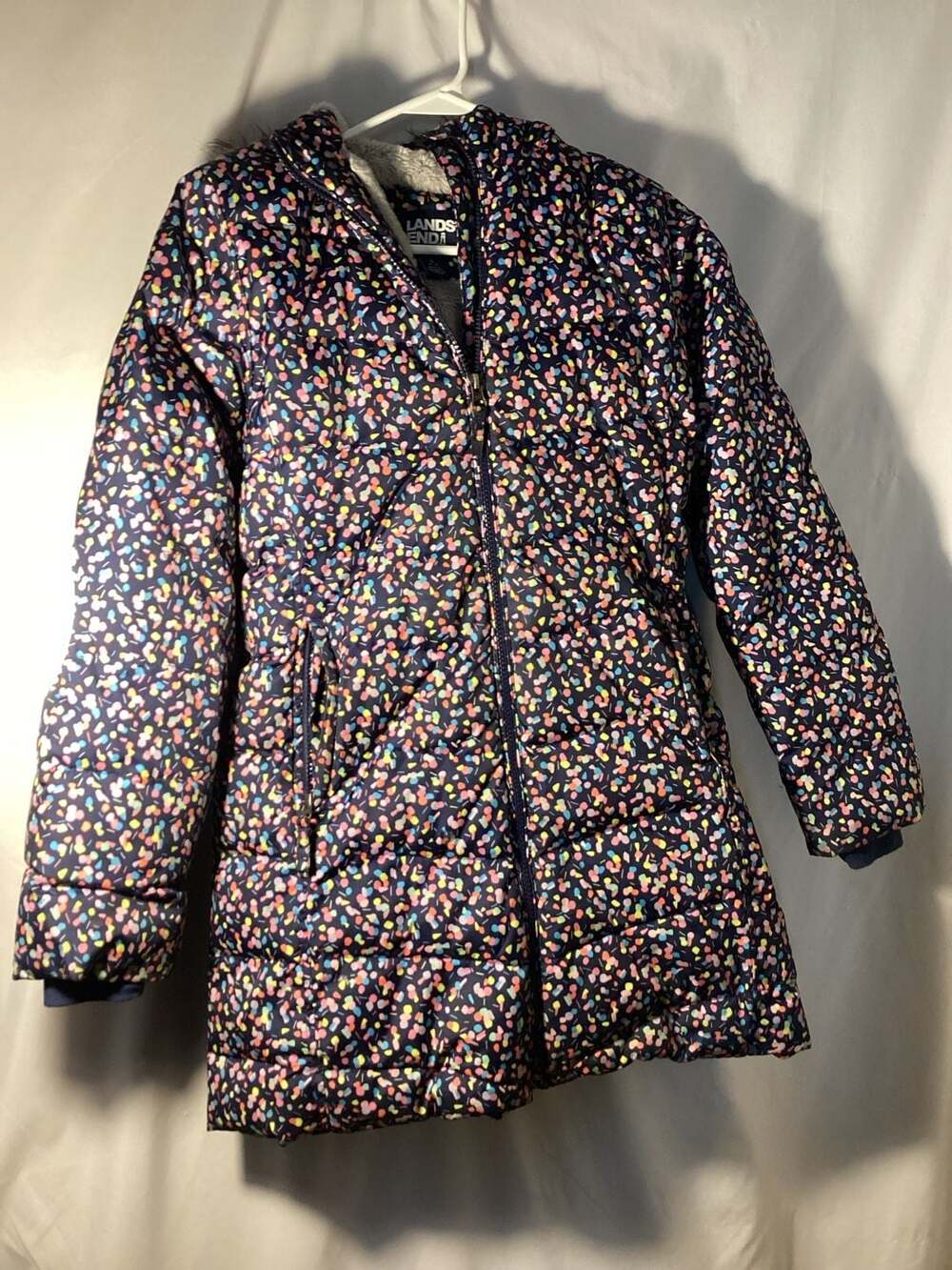 Lands' End Winter Jacket Size L 10-12 Navy Confetti Faux Fur Hood Puffer
